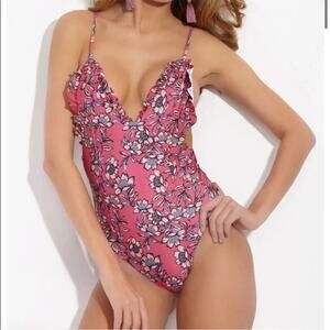 NWOT Rove Holiday Ruffle One Piece Swimsuit Pink Scarlet Blossom Floral L